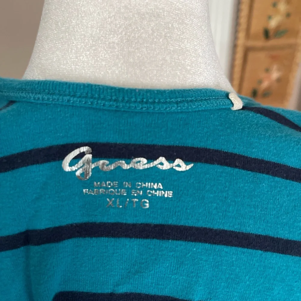 Guess dark teal & black striped tank top with rhinestone logo. Size XL. - Picture 6 of 8